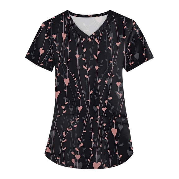 Fabrcox S-5XL Valentines Day Scrubs Tops for Women Plus Size Love Heart Graphic Holiday Women Scrub Tops V Neck Short Sleeve Nurse Working Uniforms with Pockets