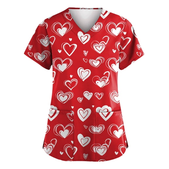 Fabrcox S-5XL Valentines Day Scrubs for Women Plus Size Love Heart Graphic Holiday Scrub Top for Woman V Neck Short Sleeve Nurse Uniforms with Pockets