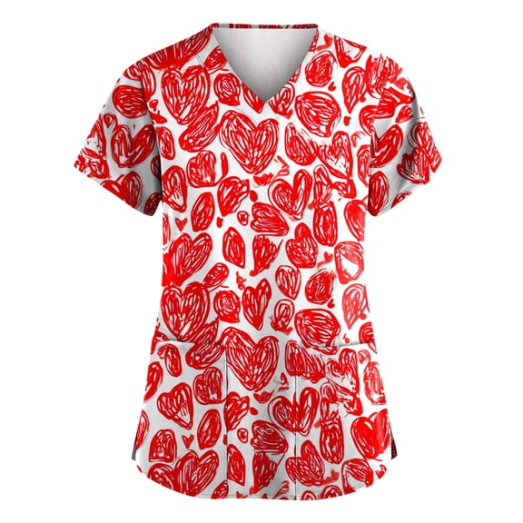 Fabrcox S-5XL Valentines Day Scrubs for Women Plus Size Love Heart Graphic Holiday Scrub Top for Woman V Neck Short Sleeve Nurses Working Uniforms with Pockets