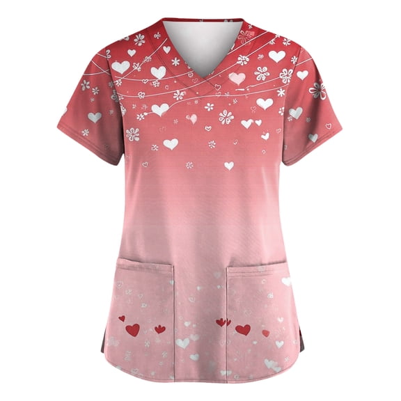 Fabrcox S-5XL Valentines Day Scrubs for Women Plus Size Love Heart Graphic Holiday Scrubs for Women V Neck Short Sleeve Nurses Working Uniforms with Pockets