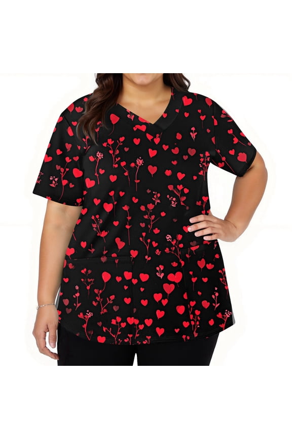 S-5XL Valentines Scrub Tops Women Plus Size Love Heart Graphic Holiday Scrub Tops Women Stretchy V Neck Short Sleeve Women's Nurse Uniform with Pockets