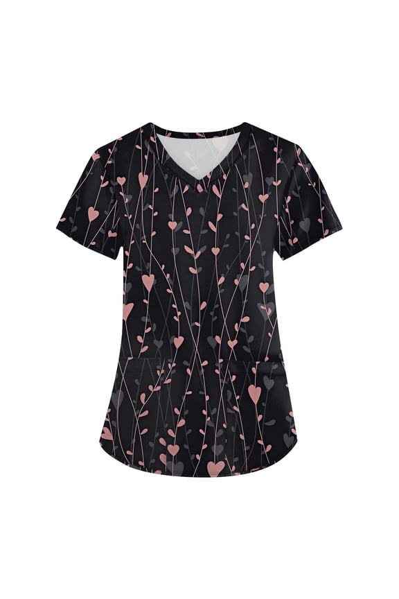 S-5XL Valentines Scrub Tops Women Plus Size Love Heart Graphic Holiday Womens Scrub Tops V Neck Short Sleeve Women’s Nurse Uniforms with Pockets