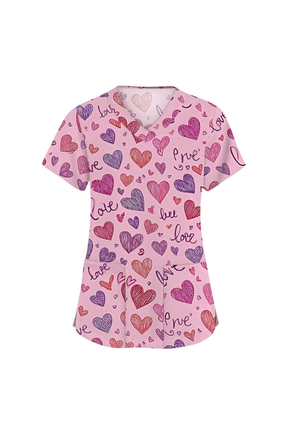 S-5XL Valentines Scrubs Heart Graphic Work Shirts Women with Pocket Short Sleeve V Neck Stretch Nursing Uniforms