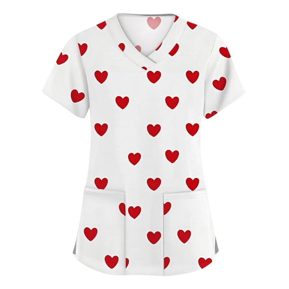 Fabrcox S-5XL Valentines Scrubs Tops for Women Love Heart Graphic Womens Work Shirt with Pocket Short Sleeve V Neck Plus Size Nursing Uniforms for Women Stretch