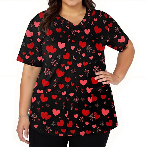 Fabrcox S-5XL Valentines Scrubs Tops for Women Plus Size Love Heart Graphic Holiday Scrub Tops V Neck Short Sleeve Nurse Uniforms with Pockets