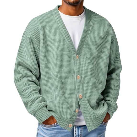 Fabrcox S-5XL Waffle Knit Long Sleeve Men Cardigan Sweater Big and Tall V Neck Mens Button Down Sweater Open Front Outdoor Shirts for Men Green 5XL