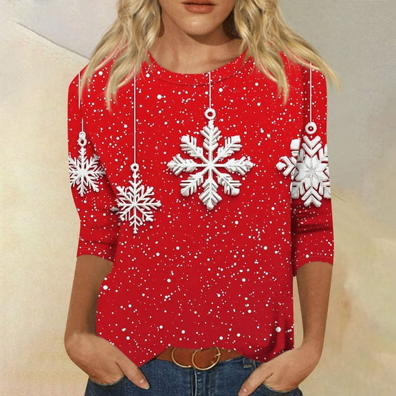 Fabrcox S-5xl Christmas Snowflake Printed Women Black T Shirts Plus Size 3/4 Sleeve Tops Round Neck Holiday Tunic Lightweight Basic Tops Vermilion XL