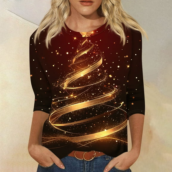 Fabrcox S-5xl Christmas Tree Printed Black T Shirts for Women Loose Fit Xxl Plus Size 3/4 Sleeve Tops Round Neck Holiday Tunic Lightweight Basic Tops Deep Red XL
