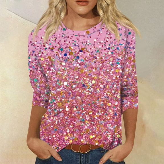 Fabrcox S-5xl Christmas Tree Printed Womens Graphic T Shirts Xxl Plus Size 3/4 Sleeve Tops Round Neck Holiday Tunic Lightweight Basic Tops Pink 4XL