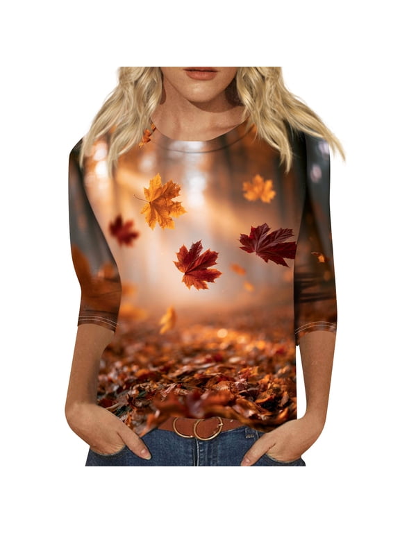 S-5xl Fall Shirts Women 3/4 Sleeve Maple Leaf Graphic Women Thanksgiving Shirt Crew Neck Casual Loose Fit Outdoor Work Sports Party Autumn Tunic Tops for Women