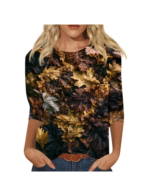 S-5xl Fall Shirts Women 3/4 Sleeve Maple Leaf Printed Thanksgiving Shirt Crew Neck Casual Loose Fit Outdoor Work Sports Party Autumn Tunics Tops for Women