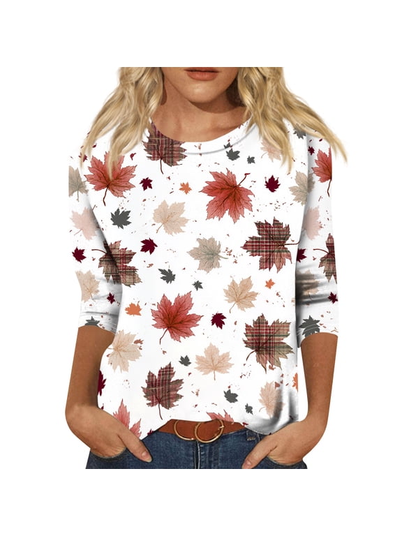 S-5xl Fall Tops Women 3/4 Sleeve Maple Leaf Graphic Thanksgiving Shirt Crew Neck Casual Loose Fit Outdoor Work Sports Party Autumn Womens Tunic Tops