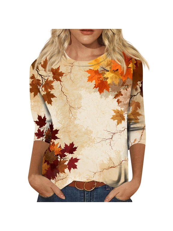 S-5xl Fall Tops Women 3/4 Sleeve Maple Leaf Printed Womens Thanksgiving Shirt Crew Neck Casual Loose Fit Outdoor Work Sports Party Autumn Tunic Tops
