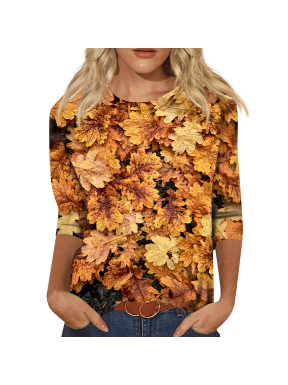 S-5xl Womens Fall Shirts 3/4 Sleeve Maple Leaf Graphic Womens Thanksgiving Shirt Crew Neck Casual Loose Fit Outdoor Work Sports Party Autumn Womens Tunic Tops