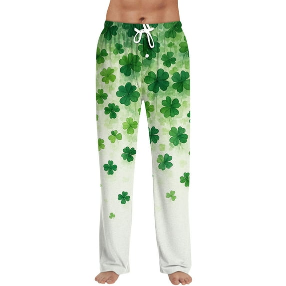 Fabrcox Saint Patricks Day Men's Pajama Bottoms Slim Fit Elastic Waist Drawstring Green Shamrocks Print Mens Pajamas Bottoms Casual Soft Wide Leg Sleepwear Pants