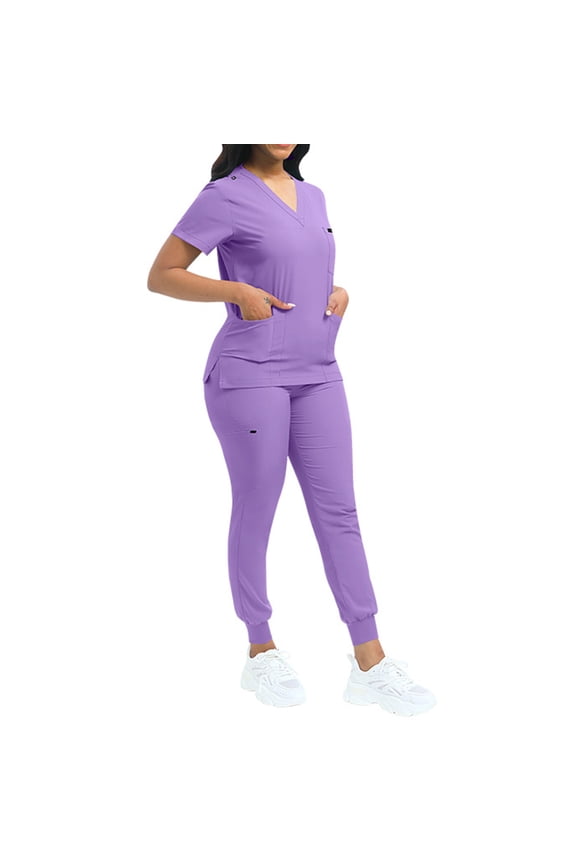 Scrub Sets for Woman Short Sleeve Nurse Tops Long Jogger Pants with Pockets Casual Soft Medical Nursing Uniforms Set Light Purple M