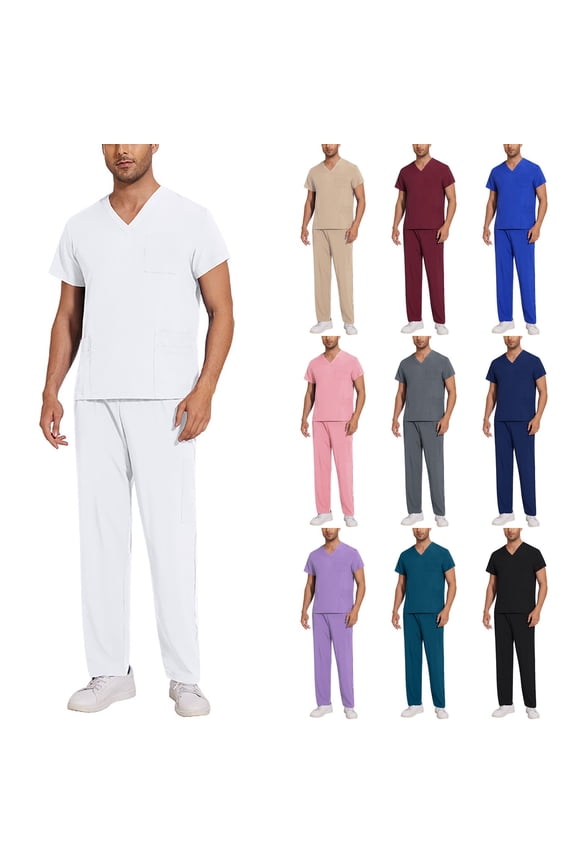 Scrubs Men Set V-Neck Top & Jogger Pants Stretch Nursing Uniform Scrub Suit with Pocket