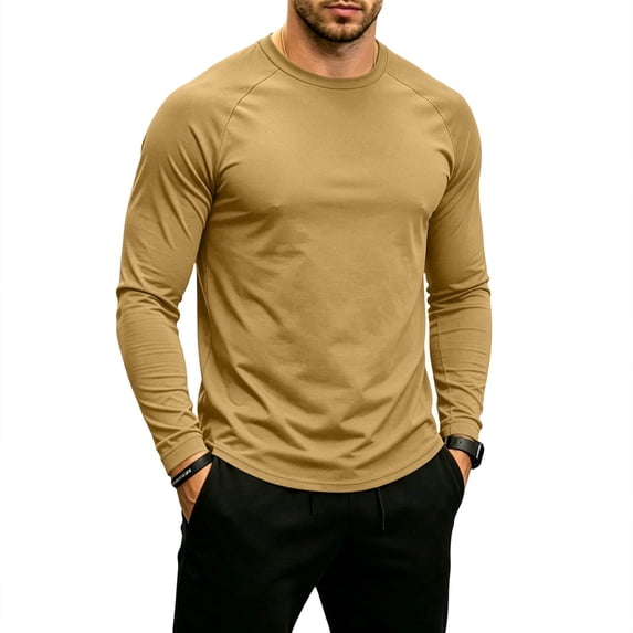 Fabrcox Shirt Long Sleeve Men Crew Neck Raglan Shirt Men Lightweight Breathable Sun Protection Going Out Running Men Workout Shirt Khaki XL