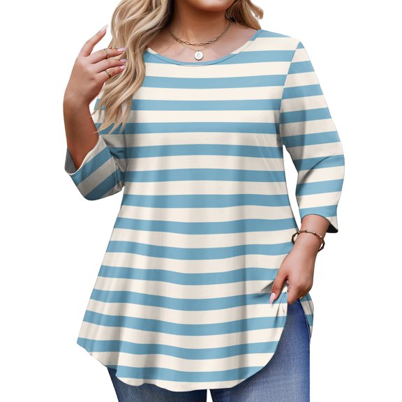 Fabrcox Shirts for Plus Size Women Tunic Striped Crew Neck 3/4 Sleeve T Shirts for Women Spring Summer Floral Loose Fit Blouse L-5XL