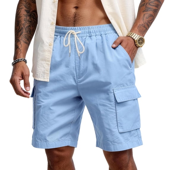 Fabrcox Shorts Men Linen Drawstring Mens Shorts Cargo Big and Tall Breathable Travel Beach Summer Mens Bermuda Shorts with Pockets Blue XXL