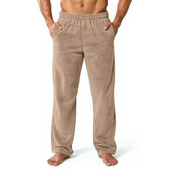 Fabrcox Sleep Lounge Pants for Men Big and Tall Pajama Bottoms with Pockets Elastic Waist Winter Warm Casual Mid Waisted Home Pajama Bottoms Khaki L