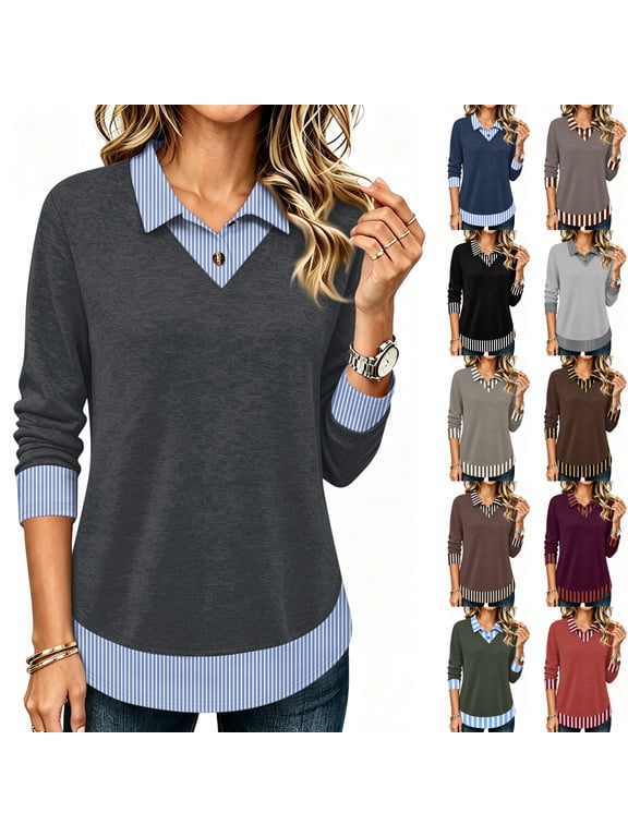 Striped Polo Shirts for Women 2-In-1 Fake 2 Piece Womens Long Sleeve Shirts V Neck Collared Lightweight Work Office Fall Teachers Outfits School Tunics Tops for Women Light Brown M