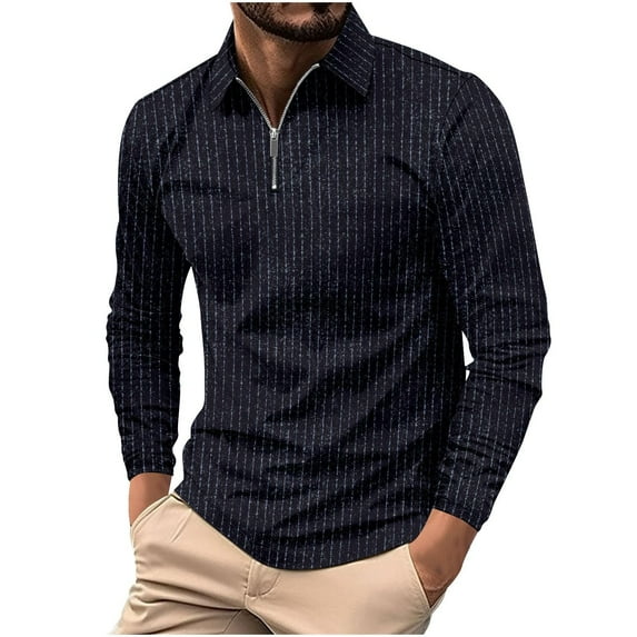 Fabrcox Stripes Mens Long Sleeve Black Polo Shirts Quarter Zip Collared Basic Casual Trendy Pullover Polo Shirts,Black M