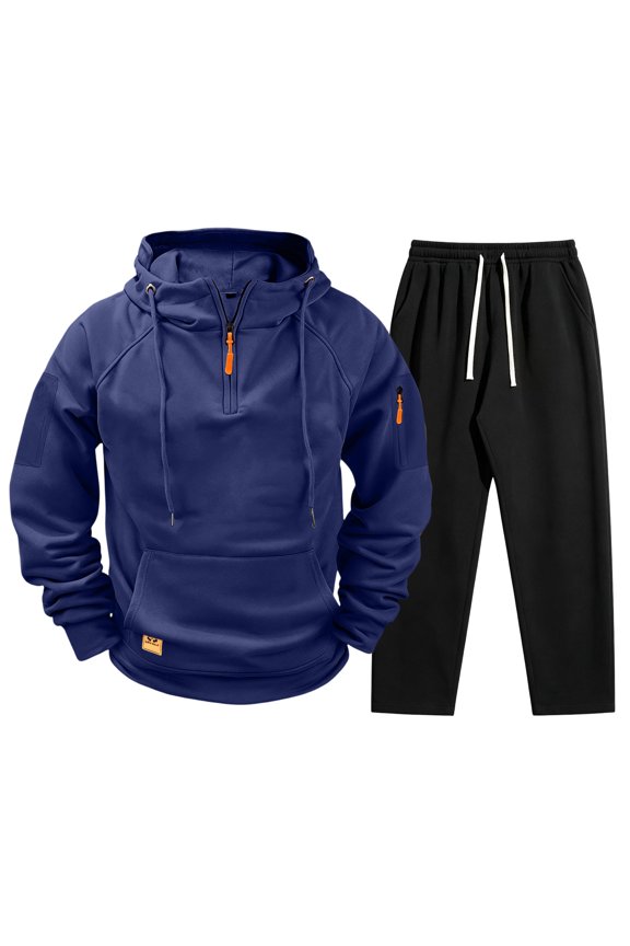 Sweat Set for Men Fleece Quarter Zip Hoodie Black Sweatpants Set Athletic Sports Baggy Jogging Warm Up Fall Winter Men Track Suits 2 Piece Set