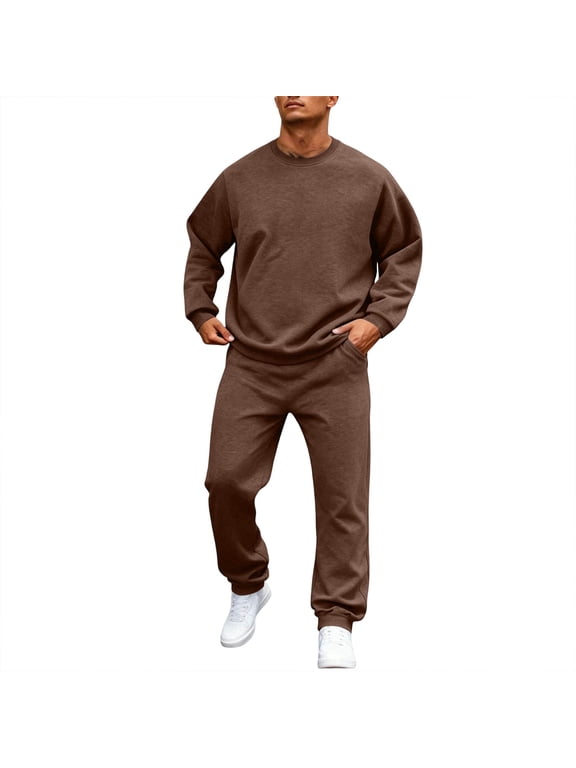 Sweatsuit Mens 2 Piece Mens Tracksuit Set Fleece Lined Crew Neck Sweatshirt and Joggers Men Fall Winter Warm Up Athletic Workout Casual Outfits for Men Coffee XXL