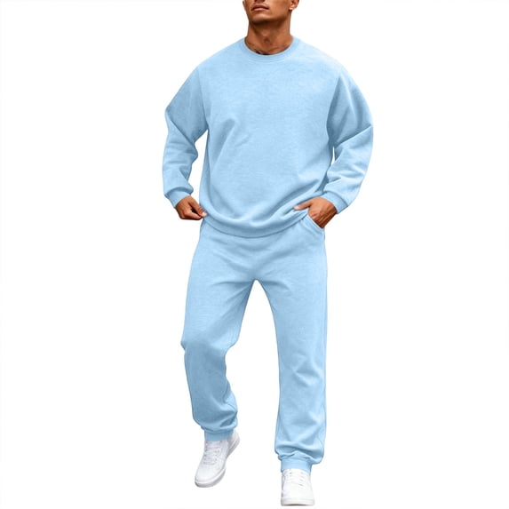Fabrcox Sweatsuit Mens 2 Piece Track Suits for Men Set Fleece Crew Neck Sweatshirt and Jogger Pants Men Fall Winter Warm Up Athletic Workout Men 2 Piece Outfits Light Blue M