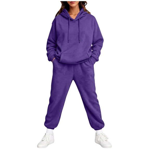 Fabrcox Sweatsuit Outfits for Women 2 Piece Set Fleece Hoodie and Cinch Bottom Wide Leg Sweatpants Athletic Fall Winter Casual Lounge Tracksuit for Women Purple M