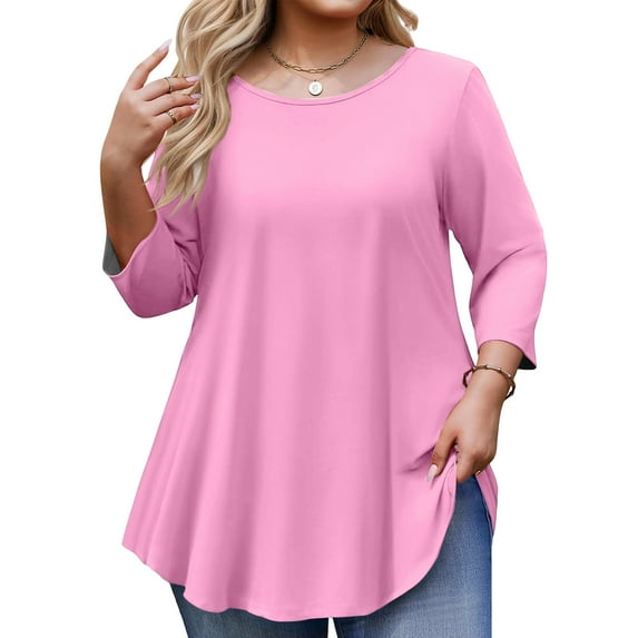 Fabrcox Tops for Plus Size Women Tunic Solid Color Crew Neck Womens 3/4 Sleeve Tops Spring Summer Flowy Blouses L-5XL