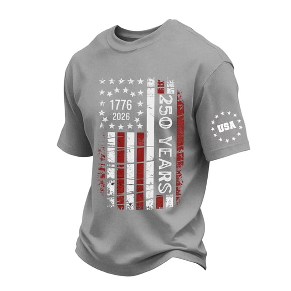 Fabrcox USA 250th Anniversary Shirt 1776-2026 Flag Print Men's Patriotic T-Shirts Freedom Commemorative Short Sleeve 4th of July Shirts Men Gray 4XL