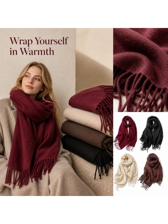 Unisex Large Solid Fringe Blanket Scarf, Soft Plush Shawl Wrap, Lightweight Warm Oversized Scarf for Wedding Party Office Travel Cold Weather Beige