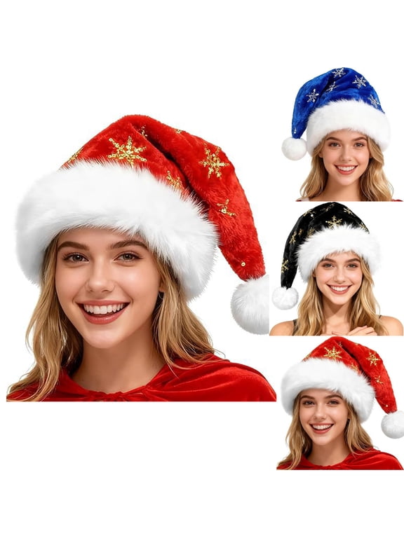 Unisex Santa Hat for Adults, Plush Velvet Christmas Hat with Sequin Snowflake, Fluffy White Brim & Pom Pom, Thick Xmas Hat for Holiday Party, New Year Festive Decor Blue