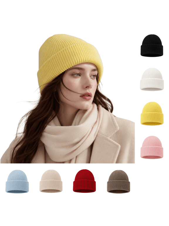 Unisex Solid Ribbed Cuffed Knit Beanie, Soft Warm Ear Cover Stretchy Winter Skull Cap, Classic Plain Hat for Cold Weather Daily Wear Beige