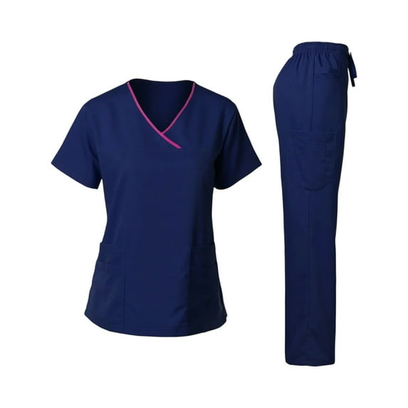 Fabrcox V Neck Medical Scrub Set for Women Scrubs Top and Wide Leg Pants Drawstring Pockets Nursing Working Scrubs Sets Navy XXL