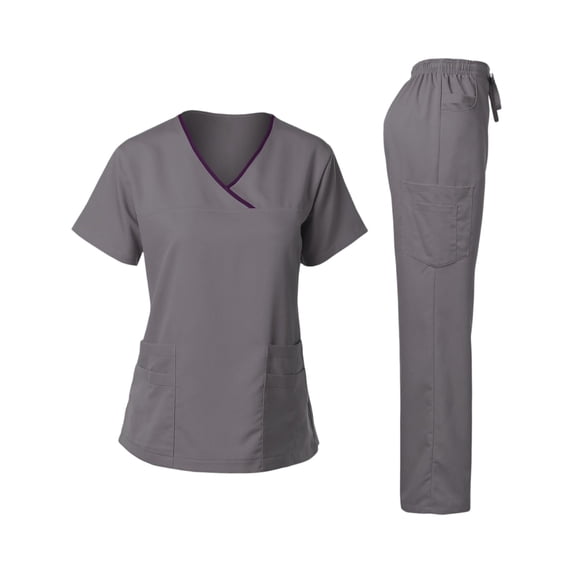 Fabrcox V Neck Women's Scrub Sets Scrubs Top and Wide Leg Pants Drawstring Pockets Nursing Working Scrubs Sets Gray XL