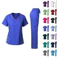 thumbnail image 1 of Fabrcox V Neck Womens Plus Size Scrub Sets Loose Fit Scrubs Top and Wide Leg Pants Drawstring Pockets Nursing Working Scrubs Sets Hot Pink S, 1 of 3