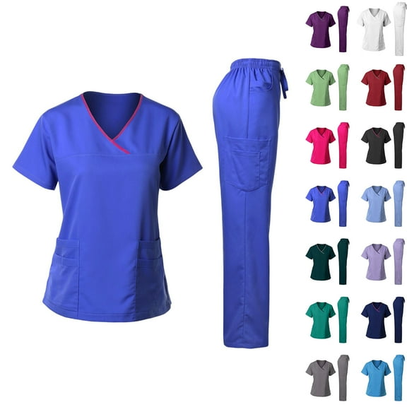 Fabrcox V Neck Womens Plus Size Scrub Sets Loose Fit Scrubs Top and Wide Leg Pants Drawstring Pockets Nursing Working Scrubs Sets Hot Pink S