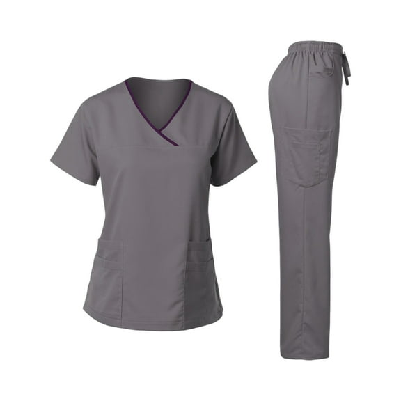 Fabrcox V Neck Womens Plus Size Scrub Sets Slim Fit Scrubs Top and Wide Leg Pants Drawstring Pockets Nursing Working Scrubs Sets Gray XXL