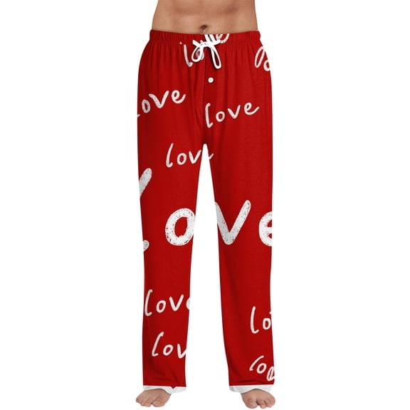 Fabrcox Valentines Pajama Pants Men Slim Fit Elastic Waist Drawstring Mens Pajama Bottoms Love Heart Print Casual Soft Wide Leg Sleepwear Pants