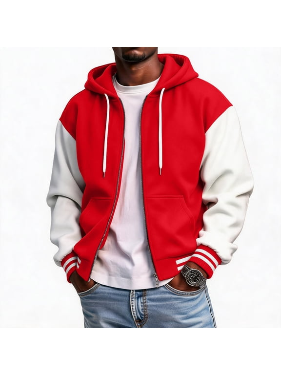 Varsity Baseball Bomber Jacket Men with Hood Fleece Button Up Men Varsity Jacket Hoodie Loose Fit Fall Winter Warm Outdoor Sports Baseball Jacket Coat with Pockets Red XXL