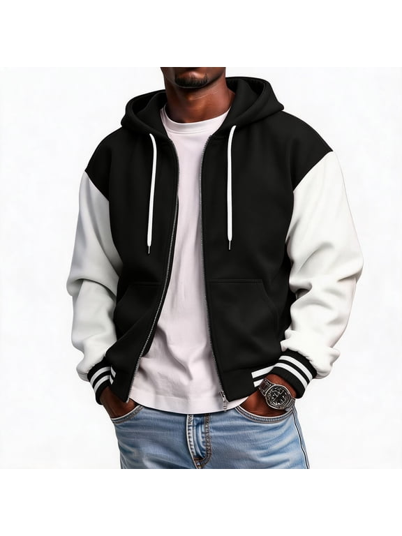 Varsity Baseball Bomber Jacket Men with Hood Fleece Button Up Mens Varsity Jacket Hoodie Loose Fit Fall Winter Warm Outdoor Gym Baseball Jacket Men Coat with Pockets Black L