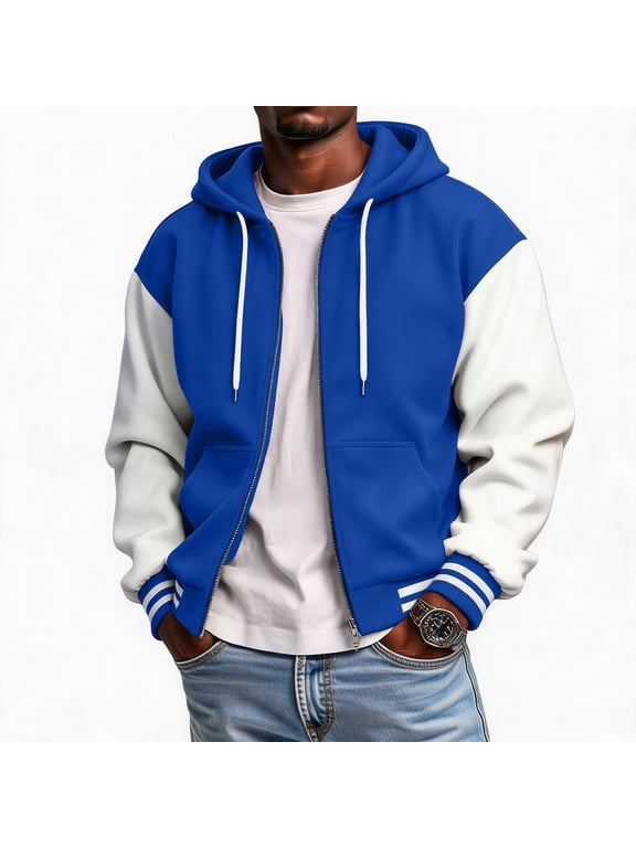 Varsity Baseball Bomber Jacket Men with Hood Fleece Button Up Varsity Jacket Hoodie Loose Fit Fall Winter Warm Outdoor Workout Baseball Jacket Outerwear with Pockets Blue M
