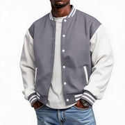 Fabrcox Varsity Baseball Bomber Jacket Men Soft Fleece Button Up Men's Varsity Jackets Casual Loose Fit Fall Winter Warm Outdoor Sports Baseball Jacket Outerwear with Pockets Light Gray XXL