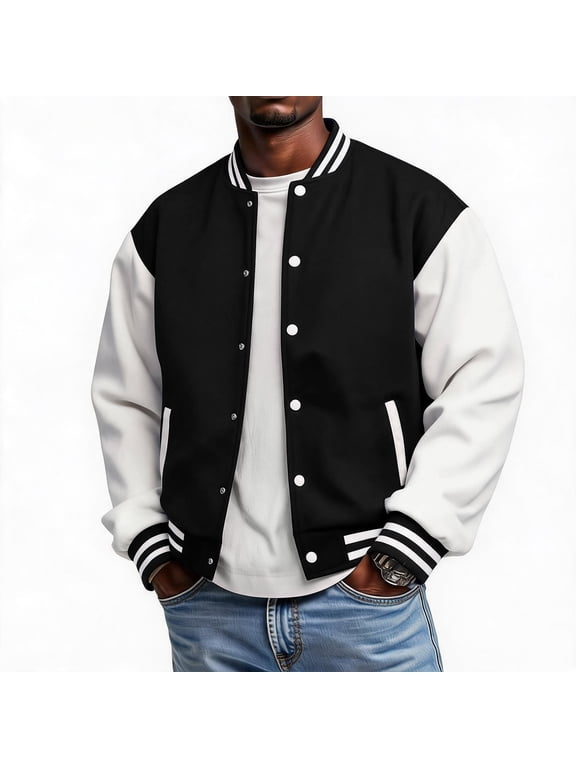 Varsity Baseball Bomber Jacket Men Soft Fleece Button Up Mens Varsity Jacket Casual Loose Fit Fall Winter Warm Outdoor Gym Baseball Jacket Men Coat with Pockets Black M