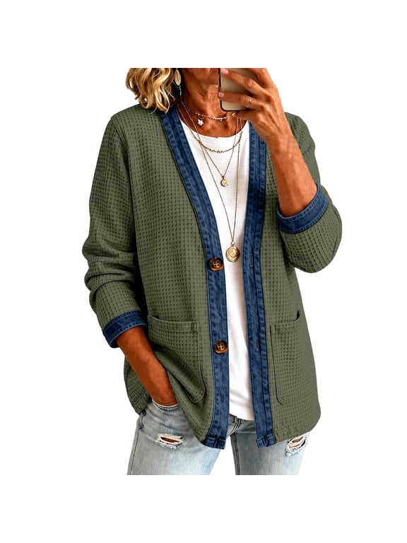 Waffle Cardigans for Women Denim Patchwork 3/4 Sleeve Women Cardigan Sweater Open Front Button Down Fall Winter Casual Layering Dressy Lightweight Outerwear Dark Green L