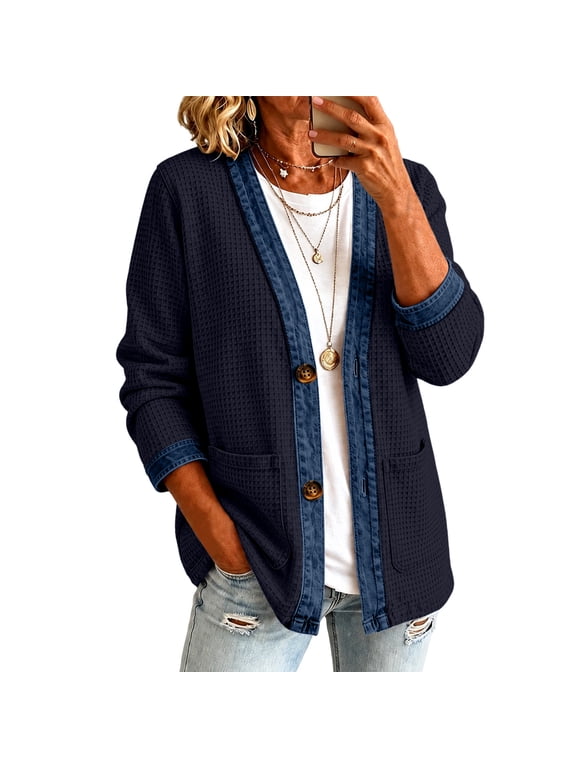 Waffle Knit Cardigan Denim Patchwork 3/4 Sleeve Women Cardigan Sweater Open Front Button Down Fall Winter Casual Layering Fashion Lightweight Coat Navy L