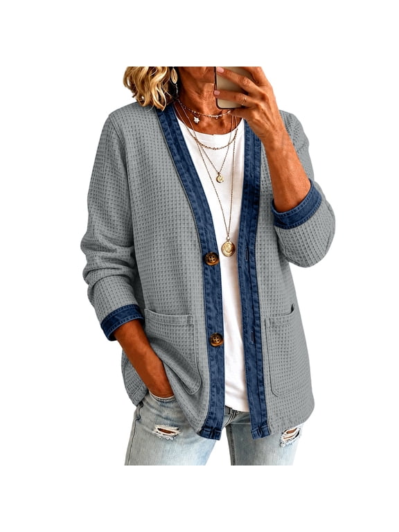 Waffle Knit Cardigans for Women Denim Patchwork 3/4 Sleeve Women Sweaters Cardigan Open Front Button Down Fall Winter Casual Layering Trendy Lightweight Jacket Gray M